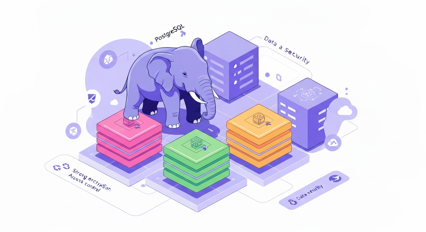 Ілюстрація, що зображує стилізованого слона PostgreSQL серед контейнерів Kubernetes, символізуючи модульність, безпеку даних та хмарні технології.