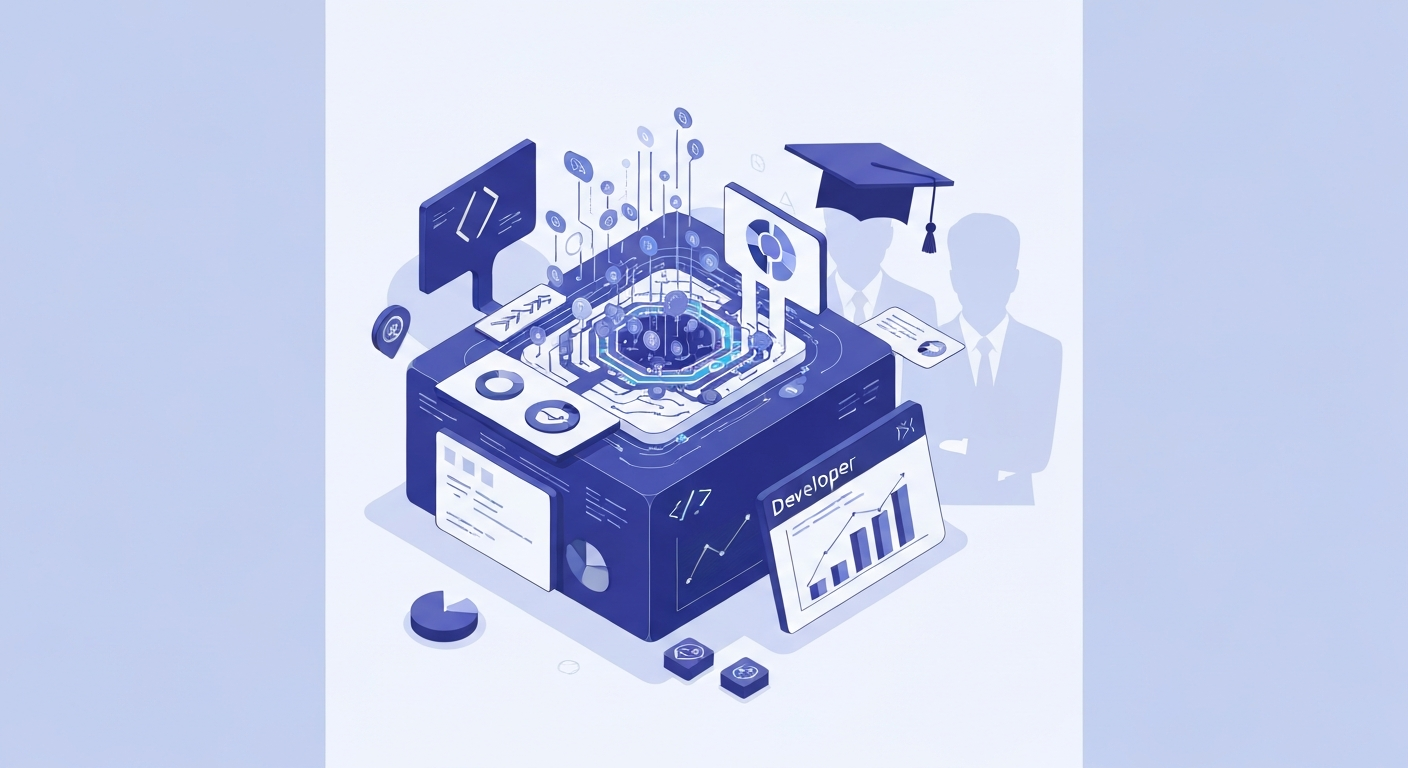 Ілюстрація, що символізує магістерську програму з Data Science та Business Analytics, із зображенням потоків даних, графіків, елементів штучного інтелекту та бізнес-аналітики.