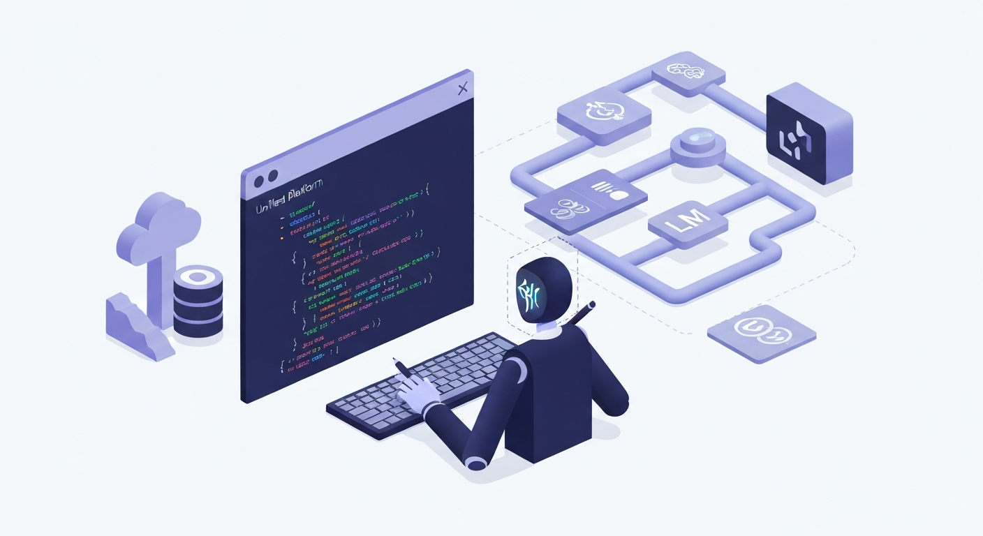 Ілюстрація, що зображує інтегровану платформу Hopsworks 5.0 з кодуючим агентом, який взаємодіє з терміналом, символізуючи автоматизацію розробки ШІ та даних.