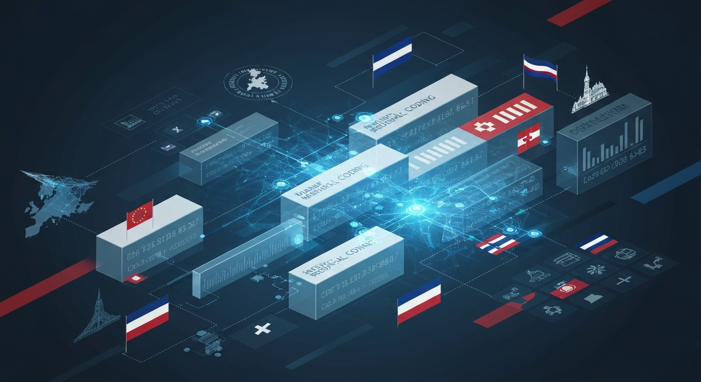 Ілюстрація, що зображує медичне кодування в Європі, де стандартизовані коди передаються між різними системами охорони здоров'я, з елементами штучного інтелекту та абстрактними європейськими мотивами.