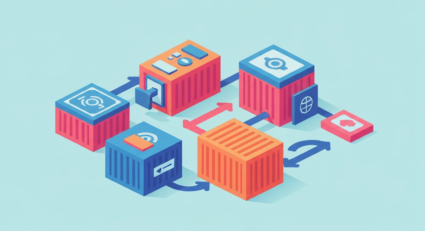 Абстрактна ілюстрація, що показує контейнери Docker, які символізують робочі процеси Data Science, з елементами коду, даних та моделей, що переміщуються між ними, підкреслюючи відтворюваність та портативність.