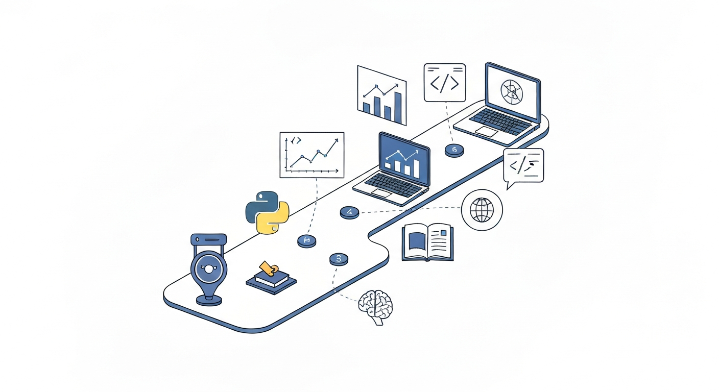 Ілюстрація дорожньої карти з іконками Python, графіками Data Science та елементами коду, що символізує шлях до освоєння Python для кар'єри в Data Science.