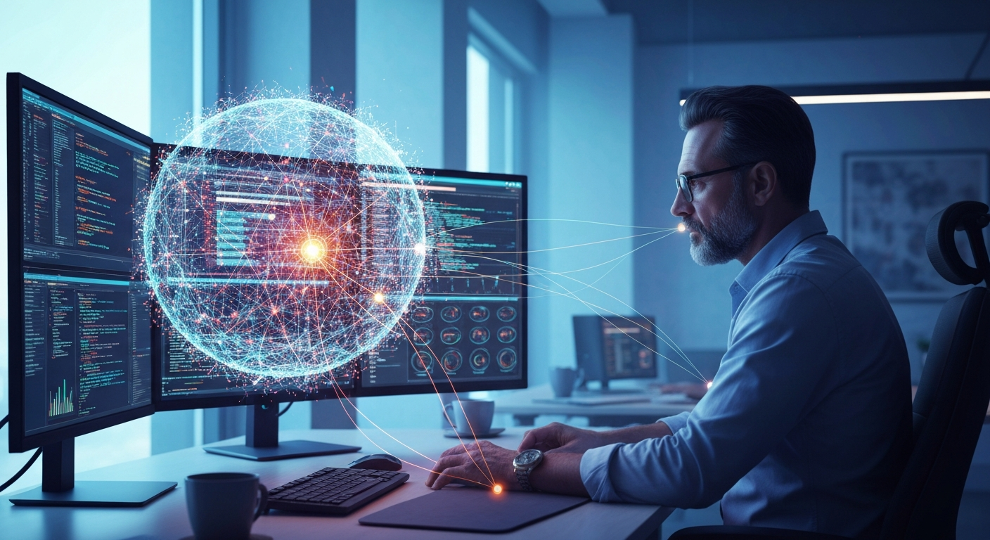 Ілюстрація AI-агента для кодування Cortex Code, що допомагає розробнику працювати з корпоративними даними та кодом.