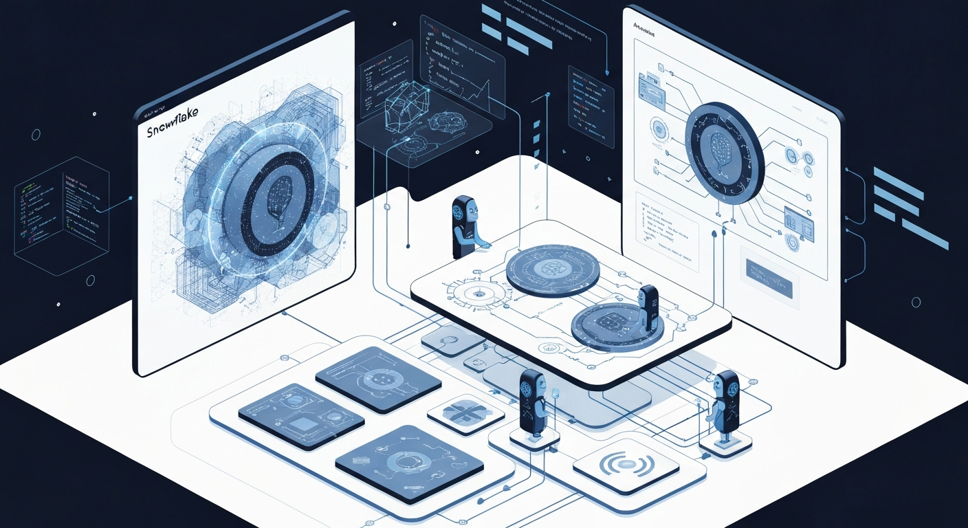 Футуристична ілюстрація, що показує інтеграцію AI-агента Cortex Code у платформу Snowflake, з візуалізацією потоків даних, фрагментів коду та кількох AI-агентів, що працюють разом над завданням.