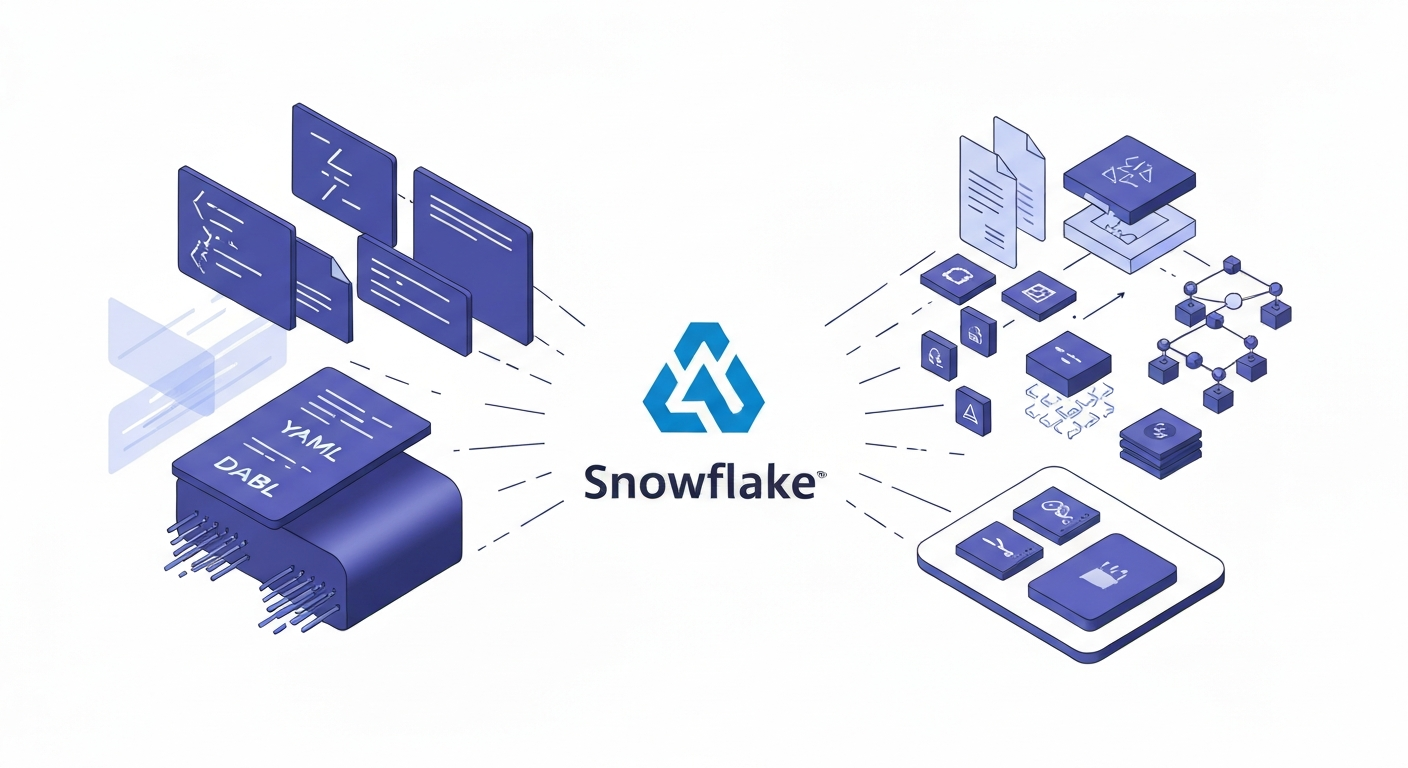 Ілюстрація, що показує, як Snowflake Cortex Code (CoCo) прискорює розробку даних. У центрі стилізований логотип Snowflake, від якого розходяться елементи, що символізують швидку генерацію коду, dbt моделей, вирішення складних ієрархій та розробку ШІ-агентів, підкреслюючи інтеграцію та автоматизацію.