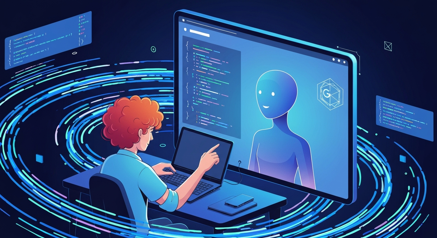 Ілюстрація, що показує розробника, який працює з інтерфейсом AI-асистента для кодування, з абстрактними елементами коду на фоні.